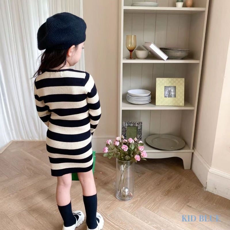 Đầm Dệt Kim Kẻ Sọc Trắng Đen Lưng Cao Co Giãn Tốt Thời Trang Cho Bé Gái