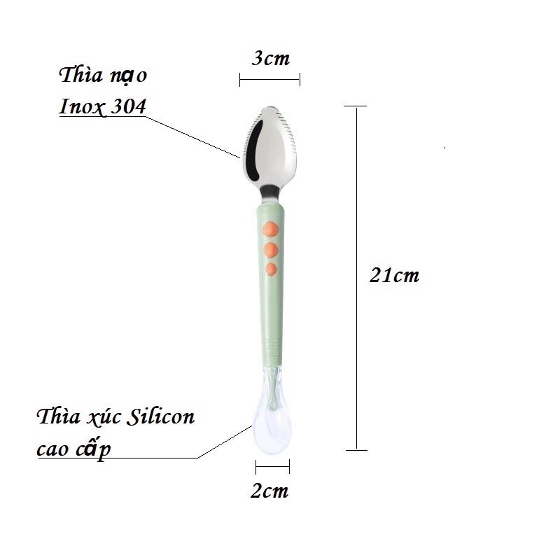 Thìa nạo hoa quả 2 đầu tiện lợi dành cho bé kết hợp thìa ăn dặm silicon (Có hộp đựng)
