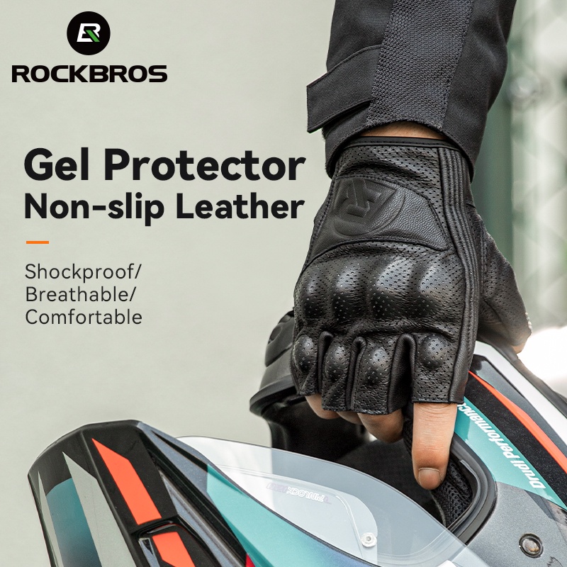 Găng Tay Da Hở Ngón Chống Trượt Chống Sốc Thoáng Khí Khi Lái Xe Mô Tô ROCKBROS