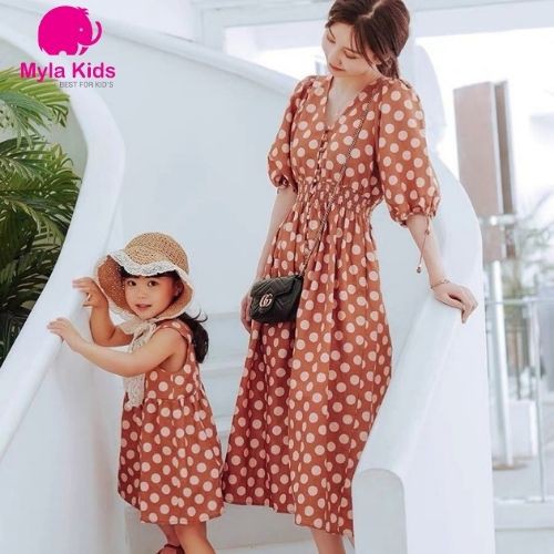 Đầm đôi mẹ và bé gái họa tiết chấm bi đỏ trắng Myla Kids váy chất liệu đũi lụa cho bé 1-2-3-4-5-6-7-8-9-10 tuổi