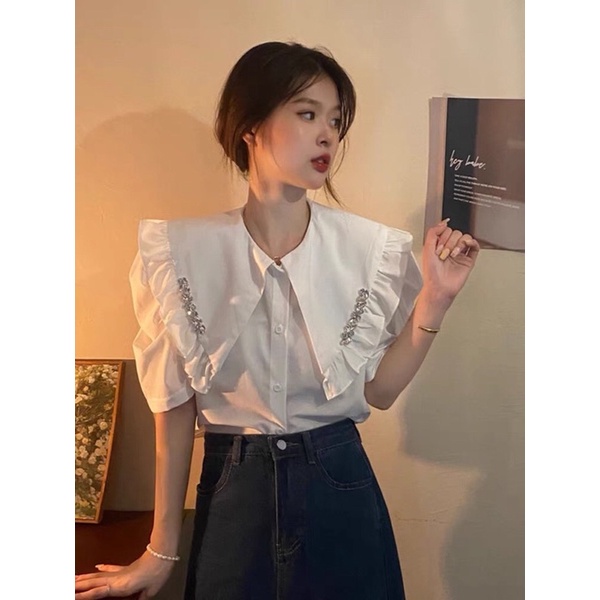 Áo sơ mi búp bê Pháp cổ áo đính đá ,sơ mi nữ năm 2021 thiết kế hàng đầu ❤️