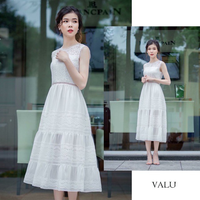 Đầm xòe dài phối ren sát nách có ảnh thật