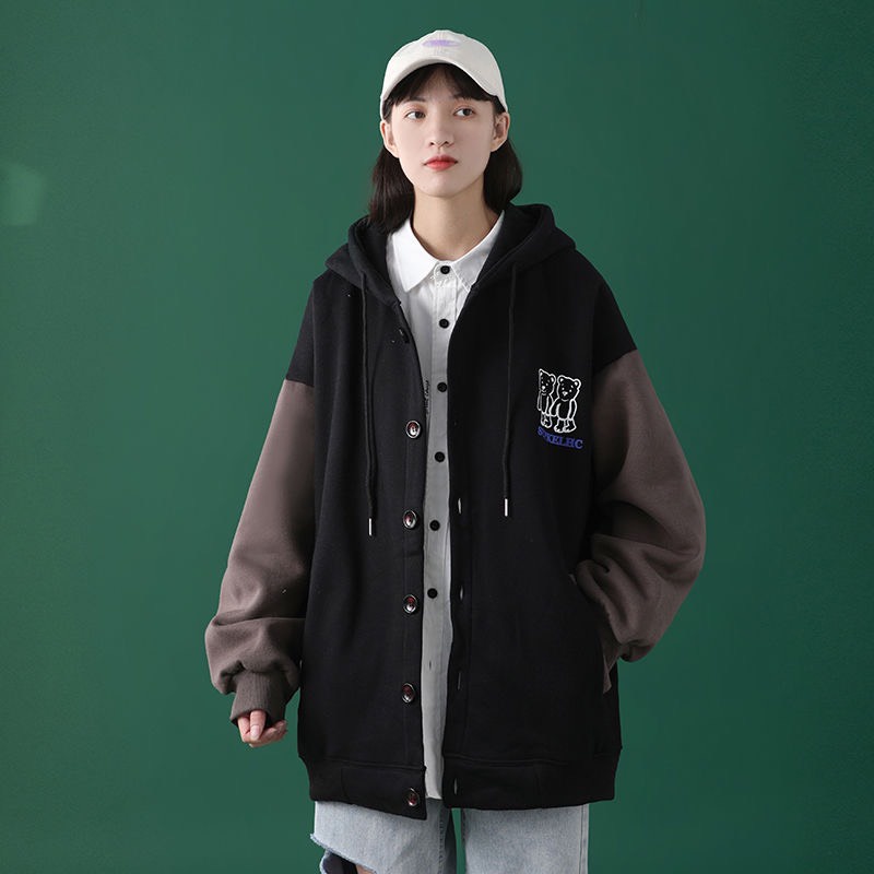 Áo Khoác Bóng Chày Nam Nữ Phối Mũ Hoodie 2 Lớp Dày Dặn, Màu Nâu Kem và Màu Đen Nâu Phù Hợp CHo Mùa Thu Và Mùa Đông