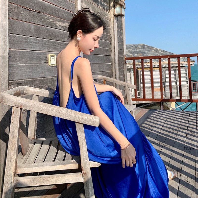 Đầm maxi xanh coban siêu cổ tích hở lưng sexy siêu dài