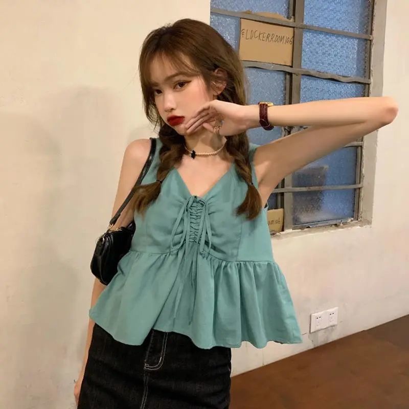 Jiashucheng Áo Sát Nách Rút Dây Màu Trơn Kiểu Retro Thời Trang Mùa Hè 2023