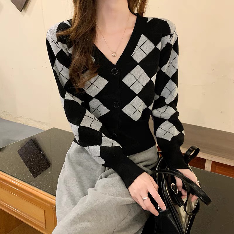 Áo khoác cardigan len nữ cổ V kẻ caro hàng Quảng Châu cao cấp
