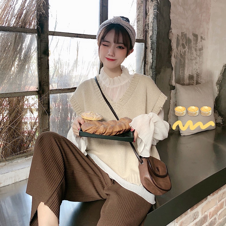 Áo Sweater Dệt Kim Không Tay Cổ Chữ V Phối Ren Xinh Xắn Theo Phong Cách Xuân Thu Hàn Quốc | BigBuy360 - bigbuy360.vn