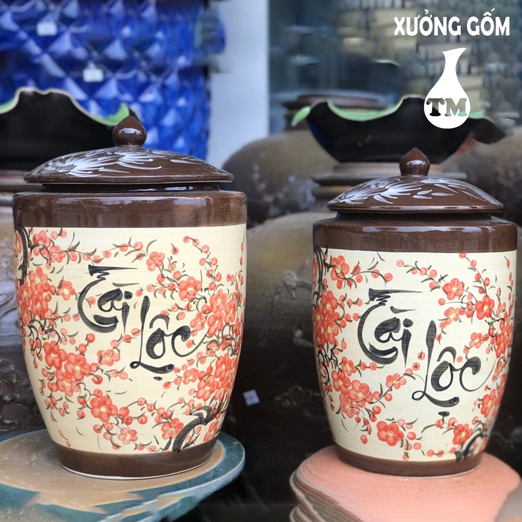 Hũ Sành Đựng Gạo Xưởng Gốm TM Bát Tràng chữ Tài Lộc Vẽ Hoa Đào Tráng Men