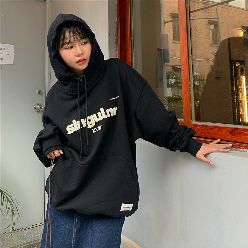 Áo hoodie dáng rộng họa tiết chữ thời trang Hàn Quốc