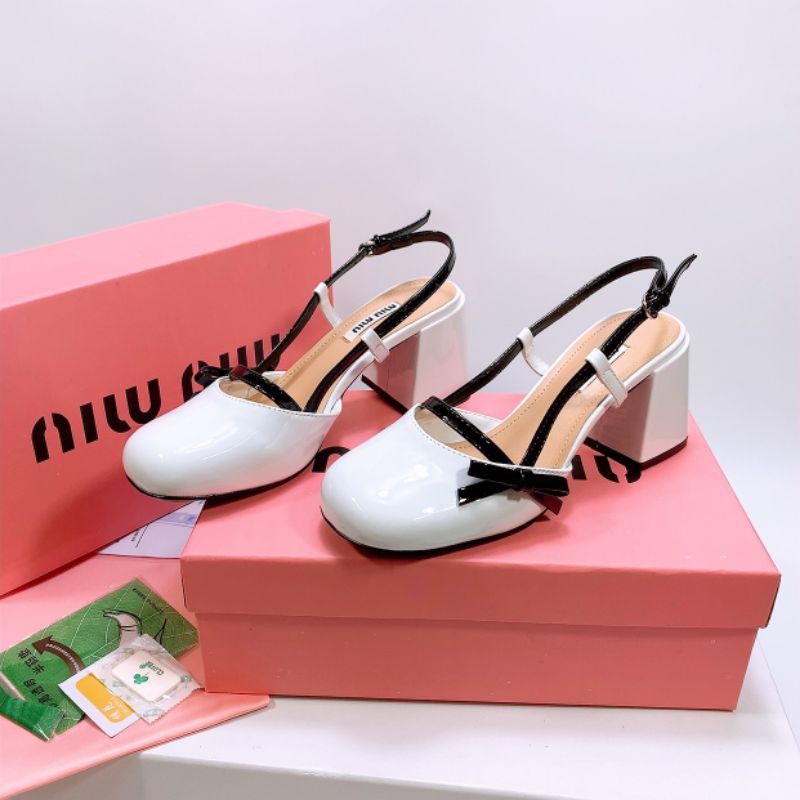 B(ẢNH THẬT) Sandal 7p Miu Miu Gót To Nơ Nhí Quai Mảnh Da Bóng Mềm Êm Fullbox Bill Túi Hãng Cao Cấp