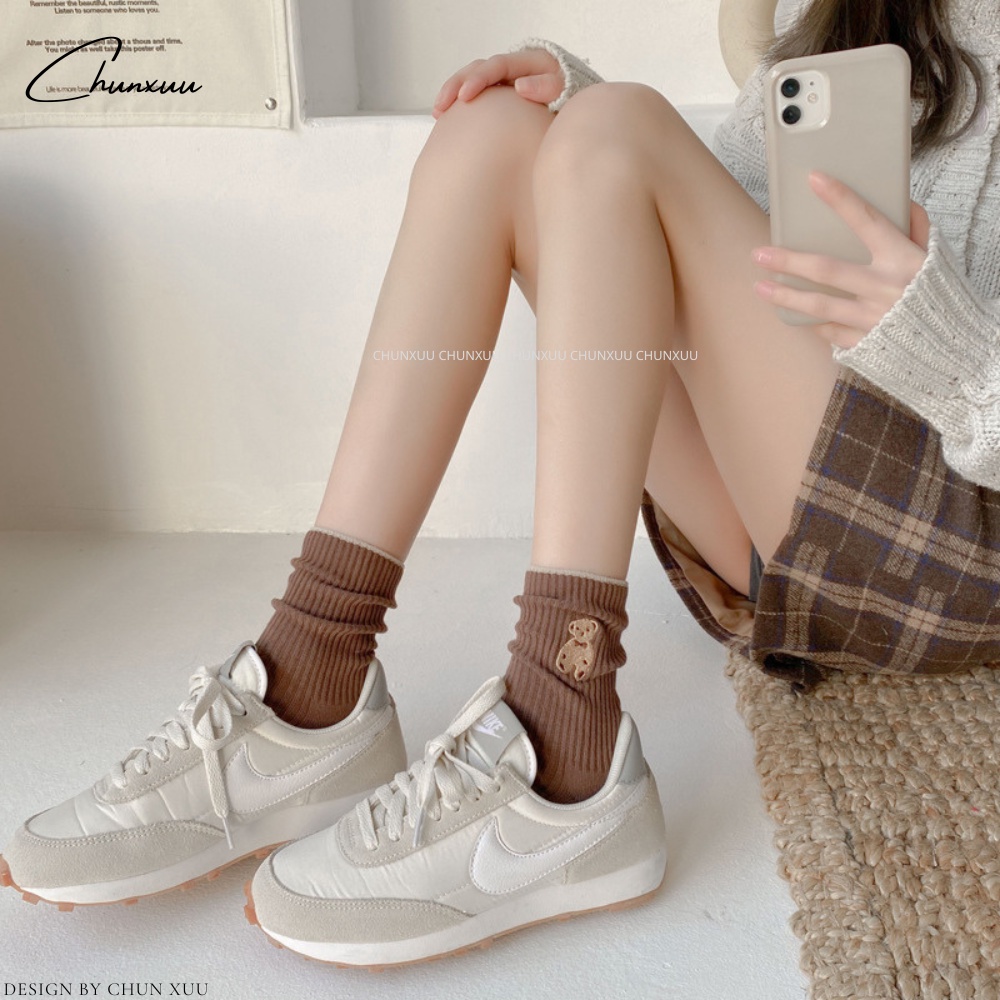 Tất nữ cổ cao vải cotton gân tăm co dãn họa tiết gấu thêu phong cách Vintage - Chun T12