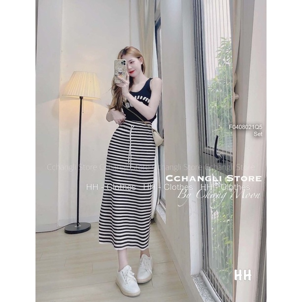 Set áo croptop miumiu sát nách chân váy sọc ôm xẻ lai dáng dài hàng nhập chuẩn