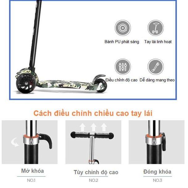 [Mẫu mới 2021] Xe trượt Scooter 3 bánh phát sáng BBT Global cho bé nhiều màu tải trọng tới 50kg KM001A