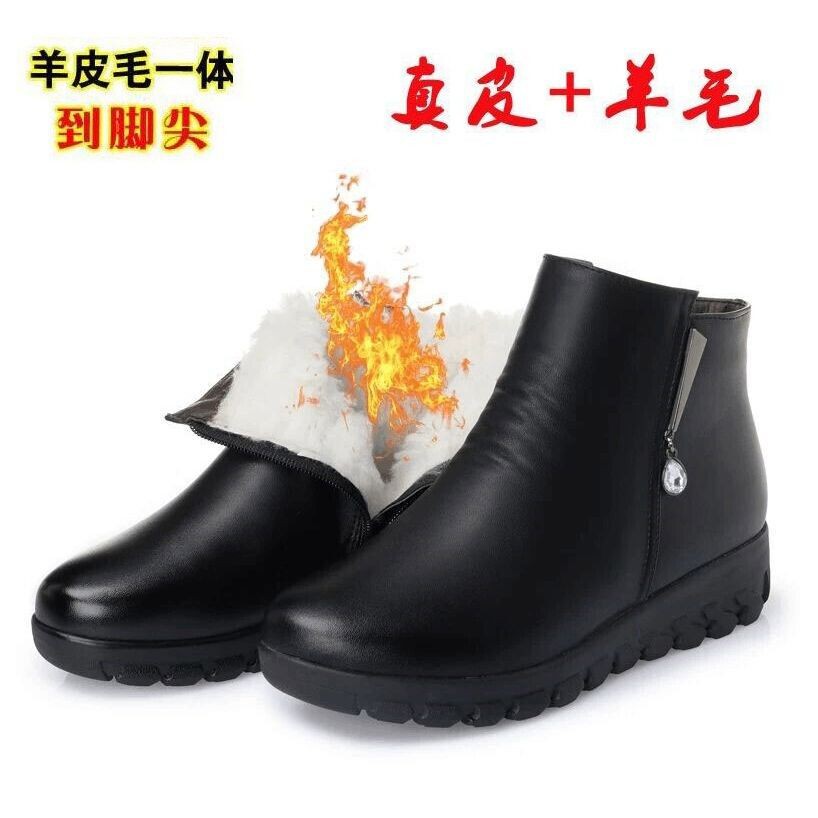 Giày bốt cổ ngắn nữ da chuồn màu đỏ cộng với len cashmere cho người trung niên và cao tuổi b