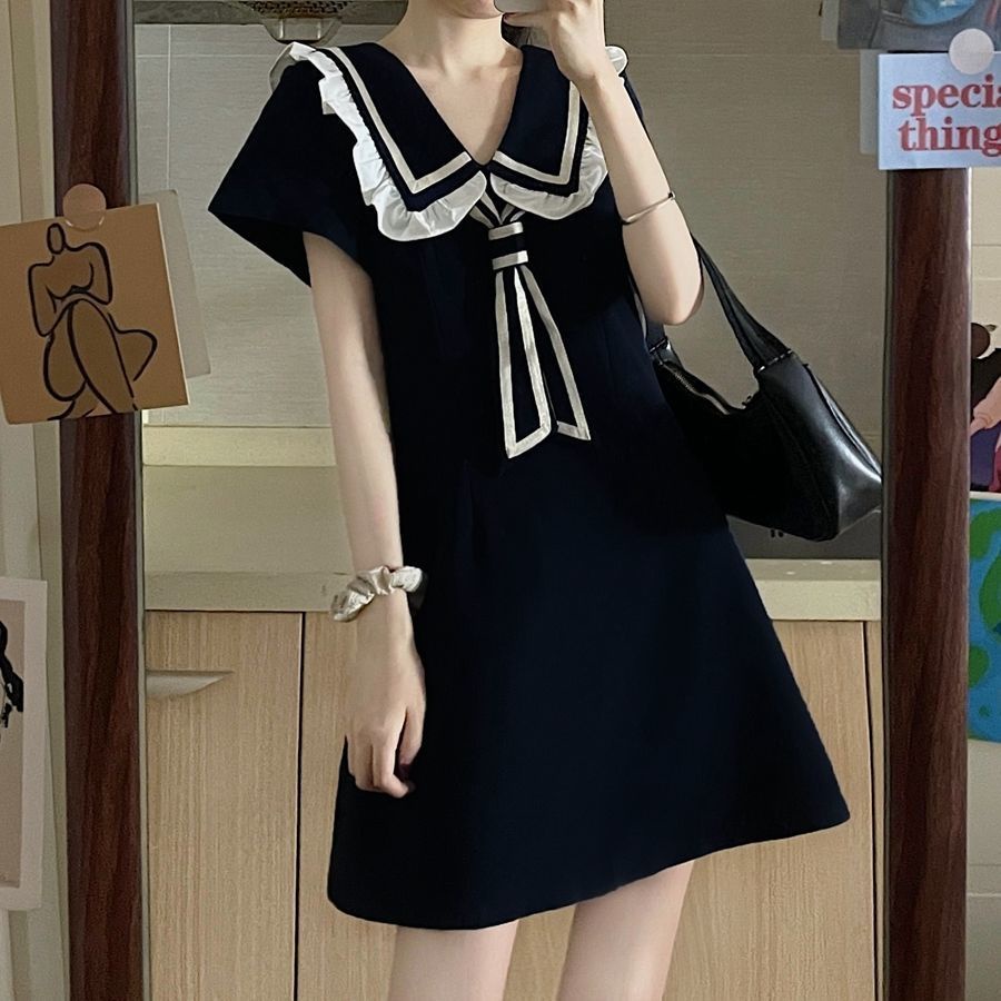 Đầm Đen Ngắn Tay Phối Cà Vạt Phong Cách Thời Trang Mùa Hè Cho Nữ