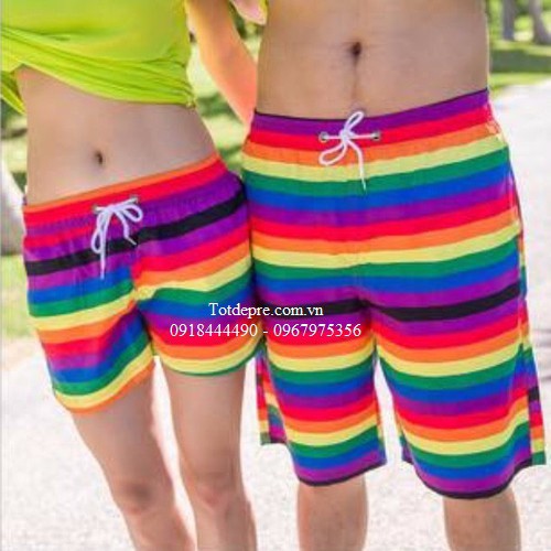 Quần đi biển động phục nhóm nam nữ họa tiết kẻ ngang nhiều màu