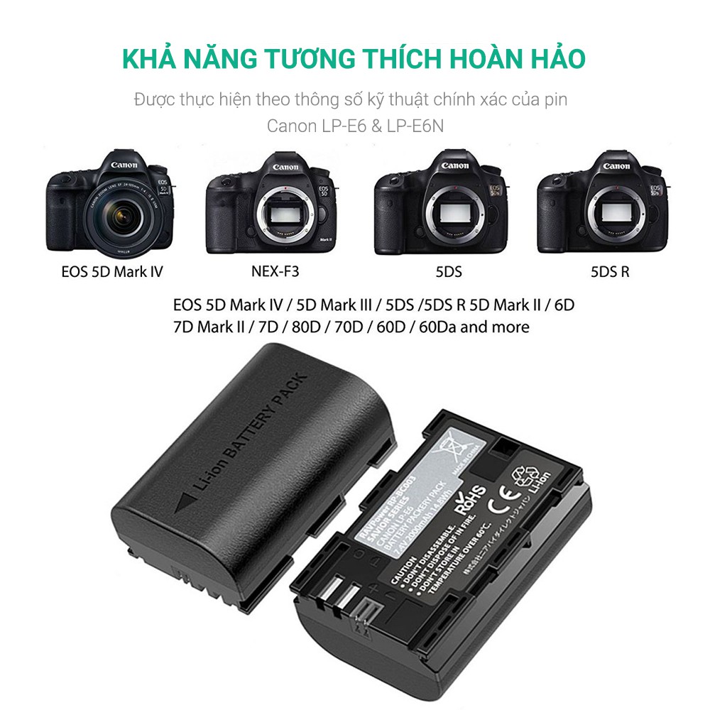 [Mã 159ELSALE hoàn 7% đơn 300K] Pin máy ảnh Ravpower LP-E6N(RP-BC003)