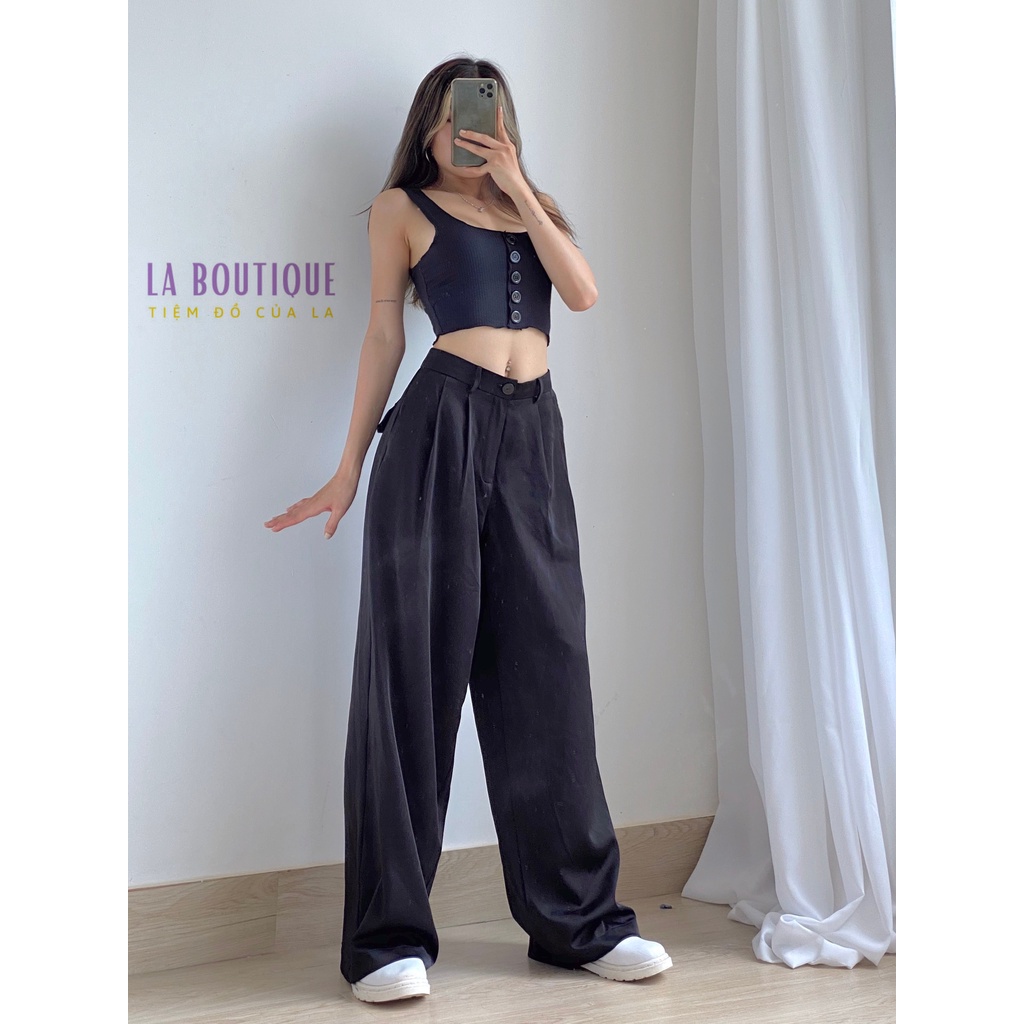 Quần Tây Nữ LA BOUTIQUE Ống Rộng Suông Form Dài Lưng Cao Đen Basic