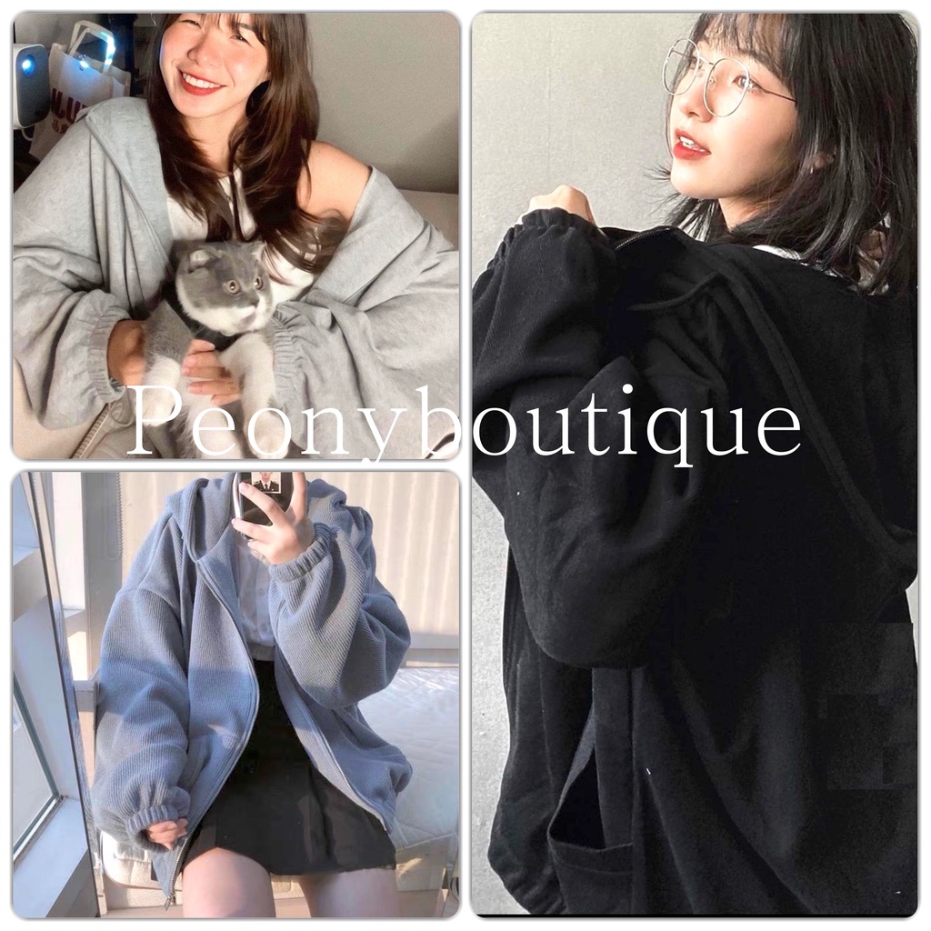 Áo Khoác Hoodie Bo Tay Bồng PEONYB Nữ [FREESHIP]  Jacket nỉ form rộng màu ĐEN | XÁM | XANH cá tính Ulzzang