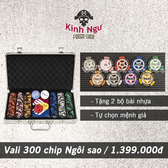 Bộ vali 300 Chip poker có số Tự chọn mệnh giá phỉnh Poker NGÔI SAO đất nung lõi thép 14,5g Pocker