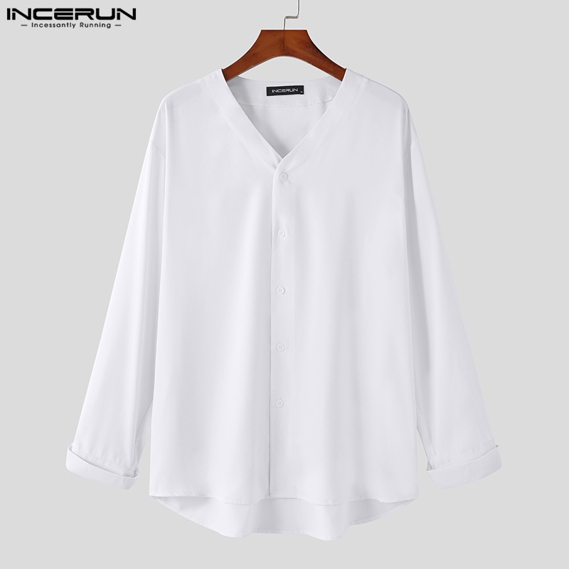 Áo sơ mi INCERUN tay dài cổ chữ V màu trơn thời trang công sở dành cho nam