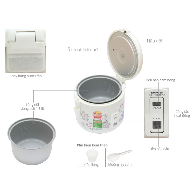 Nồi cơm điện Sharp 1.8 lít KS-N182ETV - Hàng lướt siêu thị - Bảo hành 12 tháng