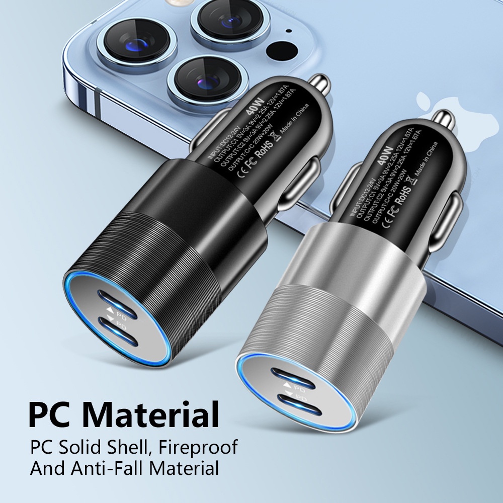 Tẩu Sạc Nhanh 40W Hai Cổng USB C PD 20W Type C 3.1A Micro USB Cho Xe Hơi/Máy Tính Bảng Samsung