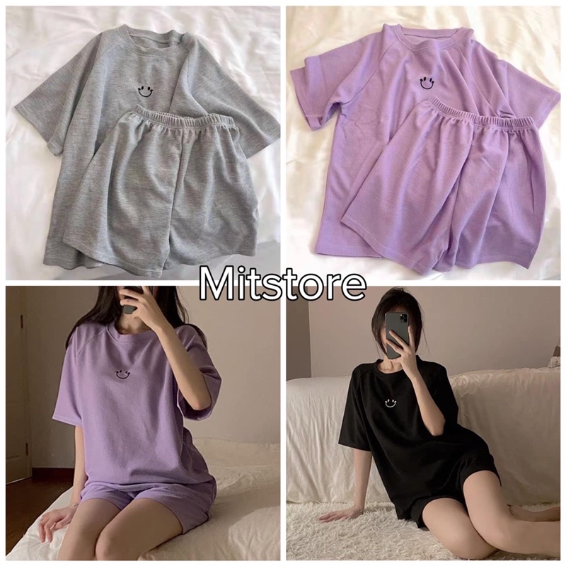 Set bộ gồm áo thêu mặt cười mix quần đùi chất xốp QC Mitstore
