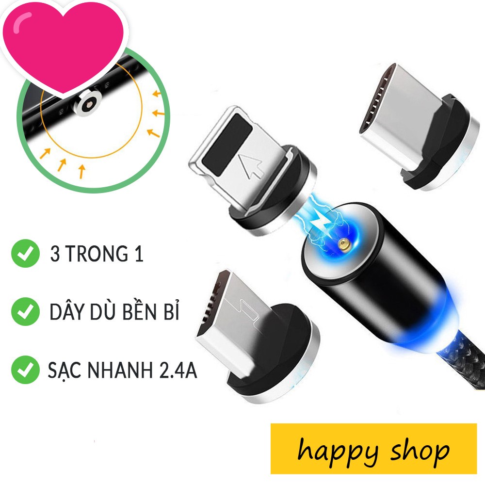 Bh 12 Tháng -  CÁP , DÂY DÙ CAO CẤP CHỐNG GẬP, CHỐNG RỐí, SẠC 3 ĐẦU TỪ HÍT NAM CHÂM 3 in 1 IP , ANDROID -  Happy Shop.
