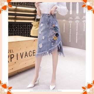 Hàng nhập - chân váy xòe jean thêu hoa nổi tua rua siêu xinh - qv16225
