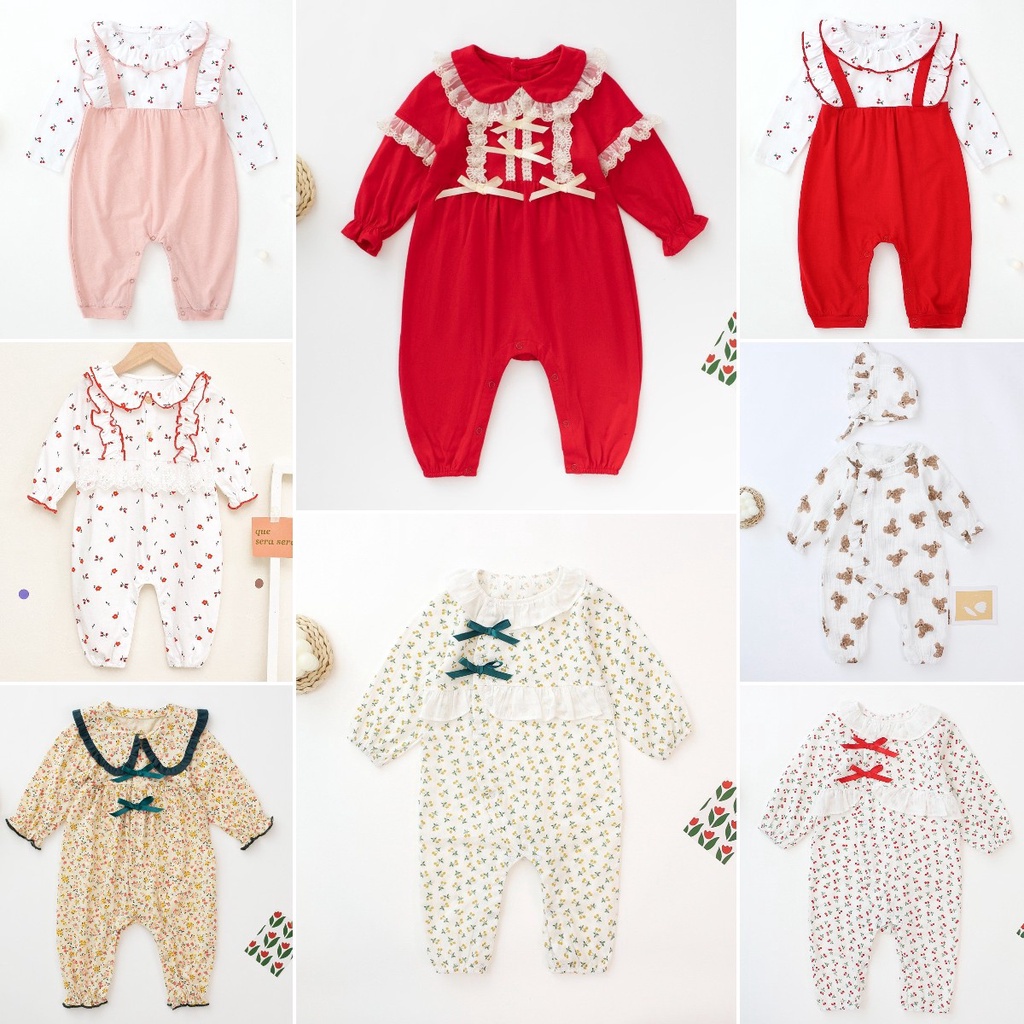 Bộ Áo Liền Quần Tay Dài Bằng Cotton Thêu Hoa Dành Cho Bé Gái 0-3 Tuổi 0029
