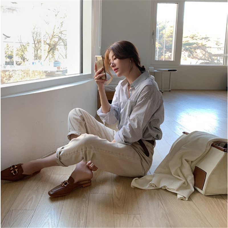 Áo sơ mi nữ SUXI tay dài kẻ sọc phong cách retro hàn quốc mới