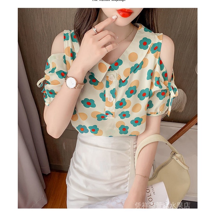 Áo Sơ Mi Mùa Hè 2021 Tay Cộc Cổ Búp Bê Hở Vai Họa Tiết Hoa Phong Cách Pháp Cho Nữ
