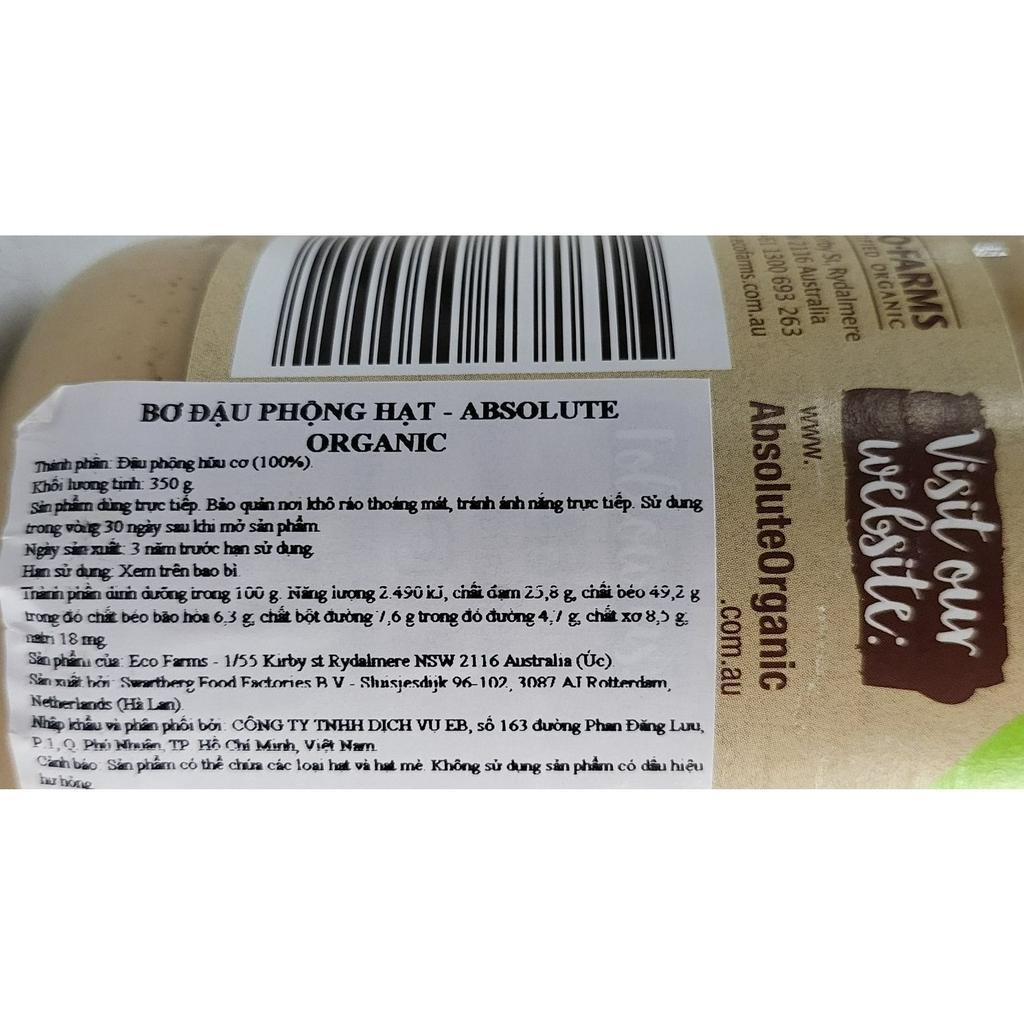 [Lọ 350g – HẠT] BƠ ĐẬU PHỘNG KHÔNG ĐƯỜNG HỮU CƠ [Netherlands] ABSOLUTE Organic Crunchy Peanut Butter (atp)