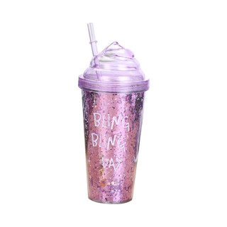 Glitters Pattern Double Layer Plastic Straw Bottle Innovative Gift Ice Cream Straw Bottle