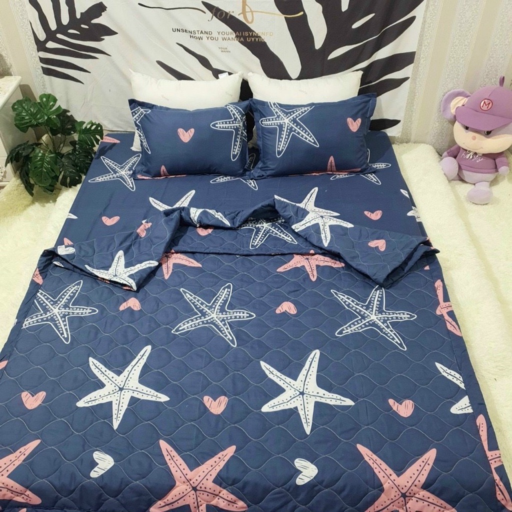 Sét chăn ga gối 5 món kèm gối ôm , chăn trần hè chất liệu cotton poly không xổ lông thoáng mát