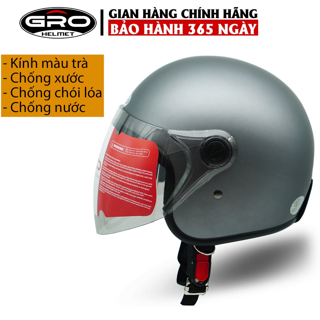 Mũ Bảo Hiểm 3/4 đầu GRO Helmet T818 có kính dài che cả mặt, kiểu dáng thời trang cho nữ, khóa kim loại - Xám Nhám