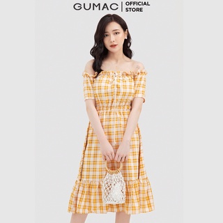 Đầm xòe nữ trễ vai caro GUMAC DB691