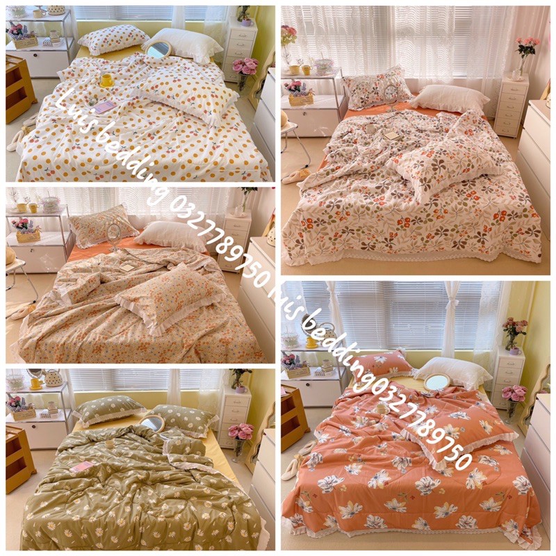 [Hot]Bộ chăn ga gối cotton đũi Bạc Hà chăn trần -Luis Bedding chăn ha hàn quốc (miễn phí bo chun)