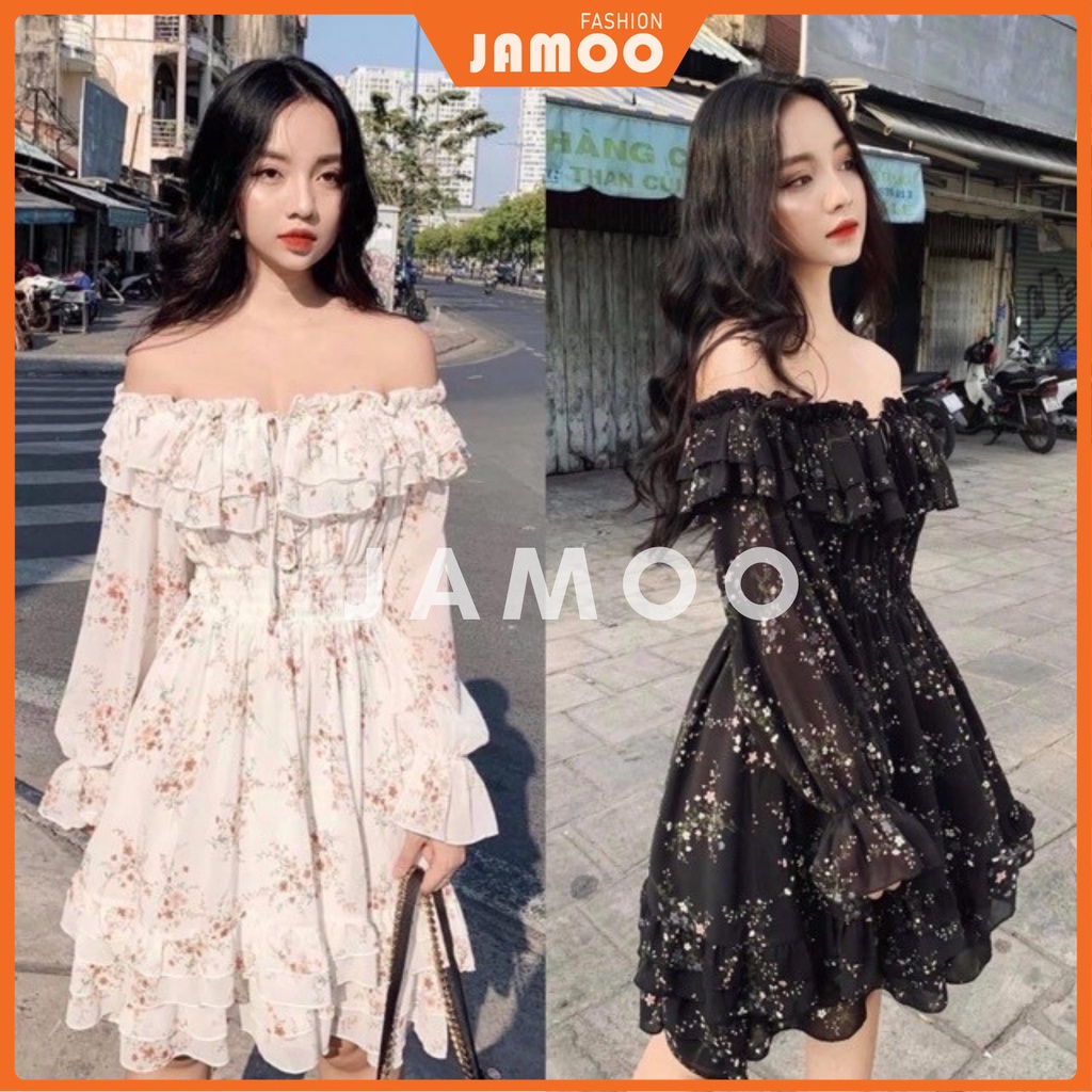 Váy hoa nhí siêu xinh _ Đầm hoa nhí trễ vai hai màu JAMOO (hình shop tự chụp/sẵn)