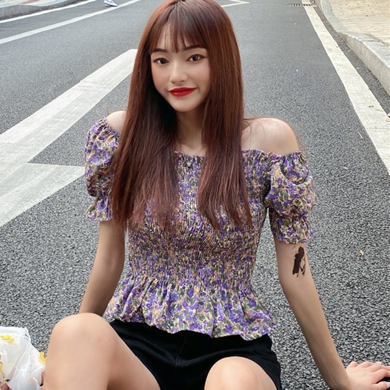 Áo Kiểu Trễ Vai Tay Ngắn Hoạ Tiết Hoa Phong Cách Hàn Quốc