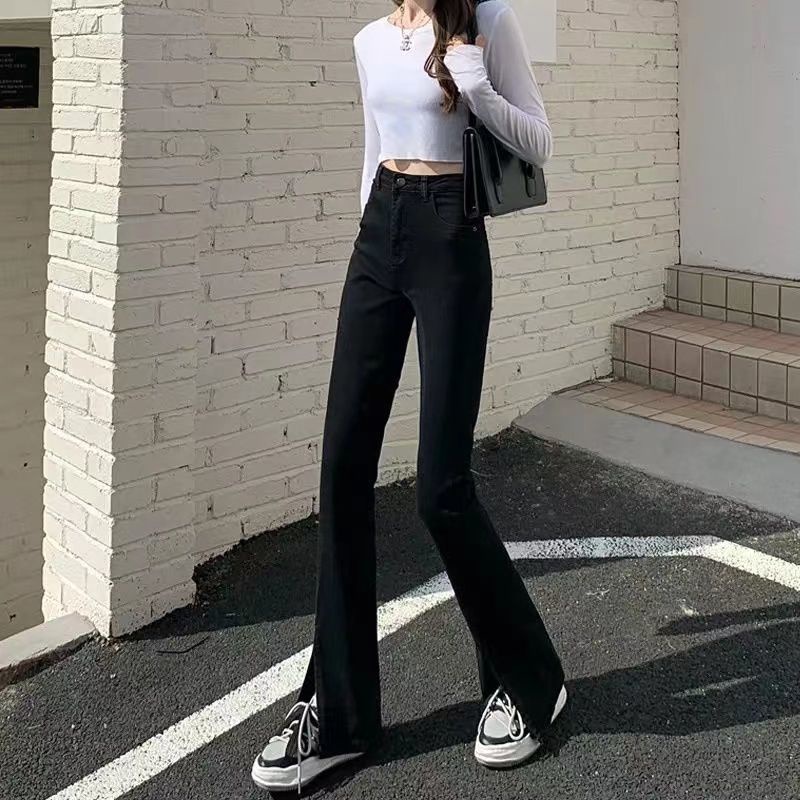 Jiashucheng Quần Jean Ống Loe Xẻ Tà Cạp Cao Dáng Ôm Màu Đen Nhạt Dễ Phối Đồ Phong Cách Mới Cho Nữ