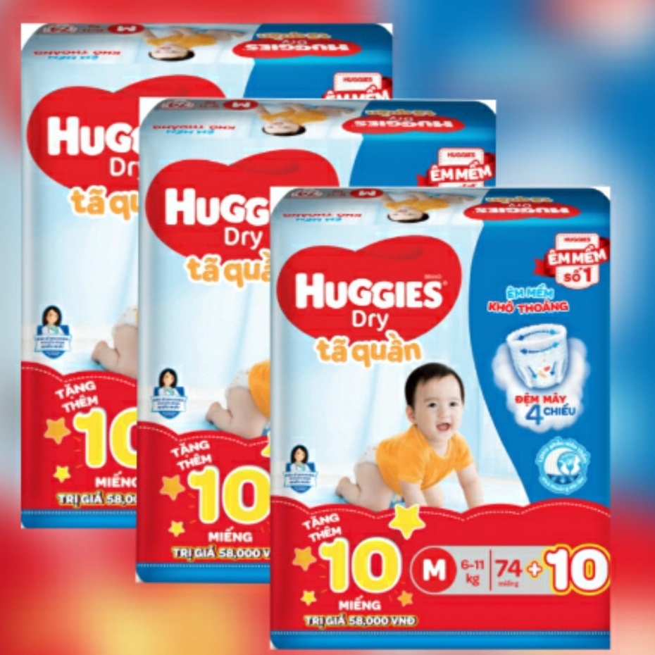 bộ 3 Tã quần huggies M74 (Đệm mây co giãn) cho bé 6-11kg tặng 30 miếng tã quần