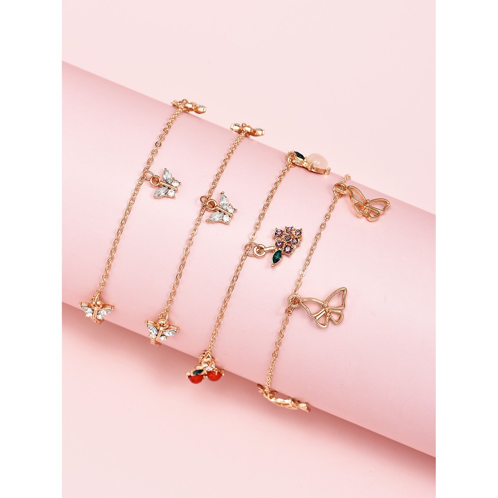 Bộ 4 lắc chân phối bướm/quả anh đào/nho/táo/dâu tây tinh tế phối pha lê làm quà cho nữ tuỳ chọn