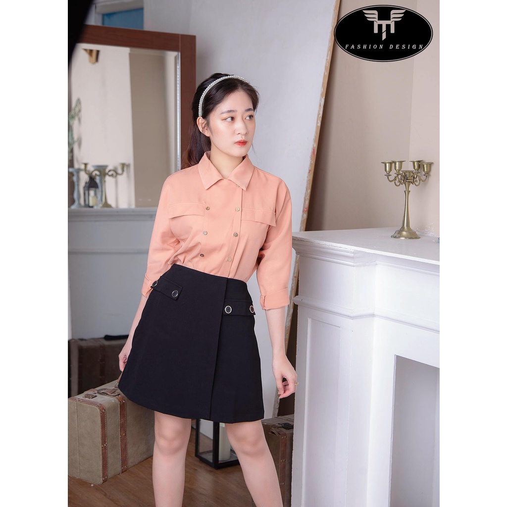 Áo sơ mi kiểu thiết kế đẹp tay dài cánh dơi dáng rộng cổ vest phối cúc cách điệu, chất liệu không nhăn SM01-HTDESIGN | BigBuy360 - bigbuy360.vn