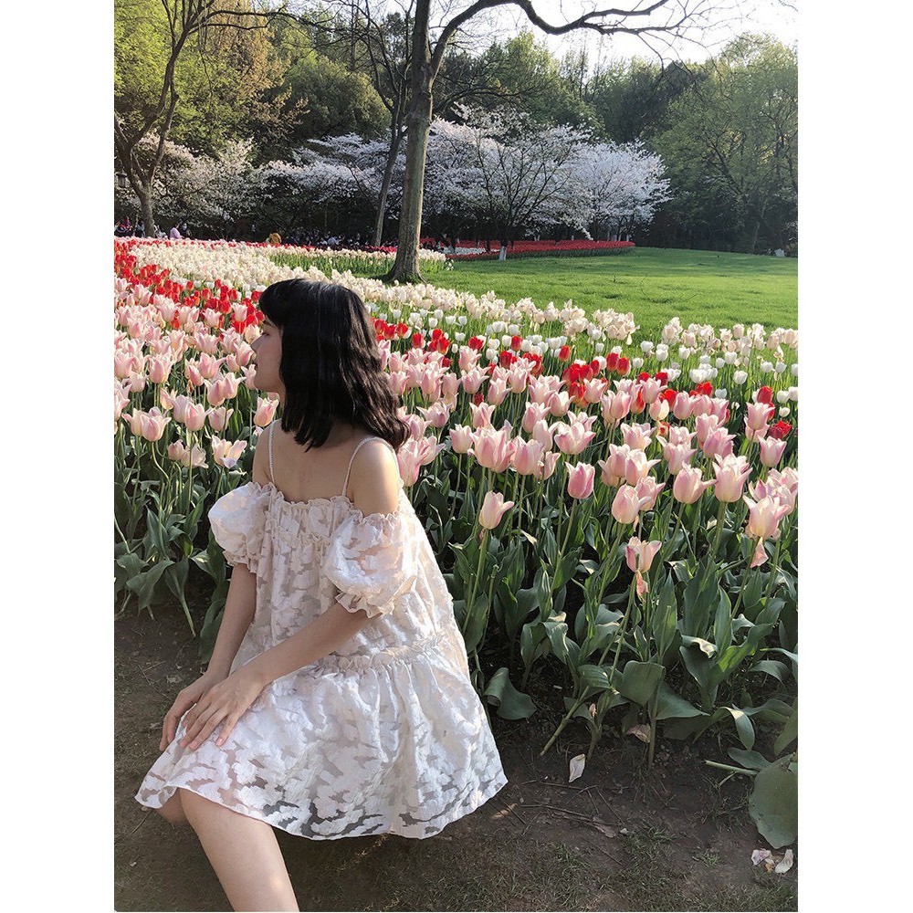 Đầm babydoll 2 dây rớt vai hoa nổi tay bồng Cao Cấp hàng loại 1, màu trắng Ulzzang ren mây dáng xòe, cute dễ thương