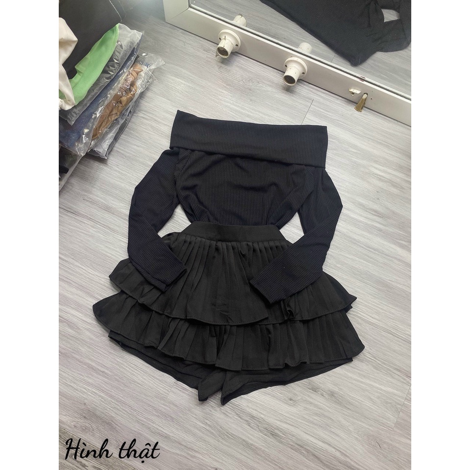 SET ÁO BẸT VAI TẦNG TAY DÀI THUN GÂN PHỐI CHÂN VÁY 2 TẦNG DẬP LY