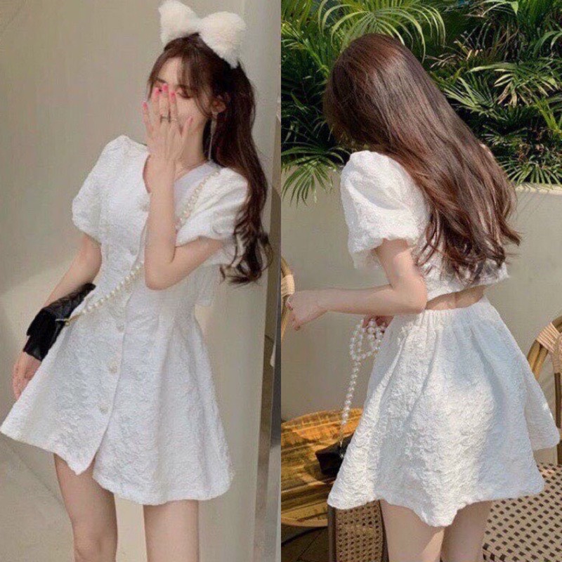 Váy xốp gấm Forgirl basic cổ V tay bồng hở lưng phối cúc ngọc phong cách Hàn quốc