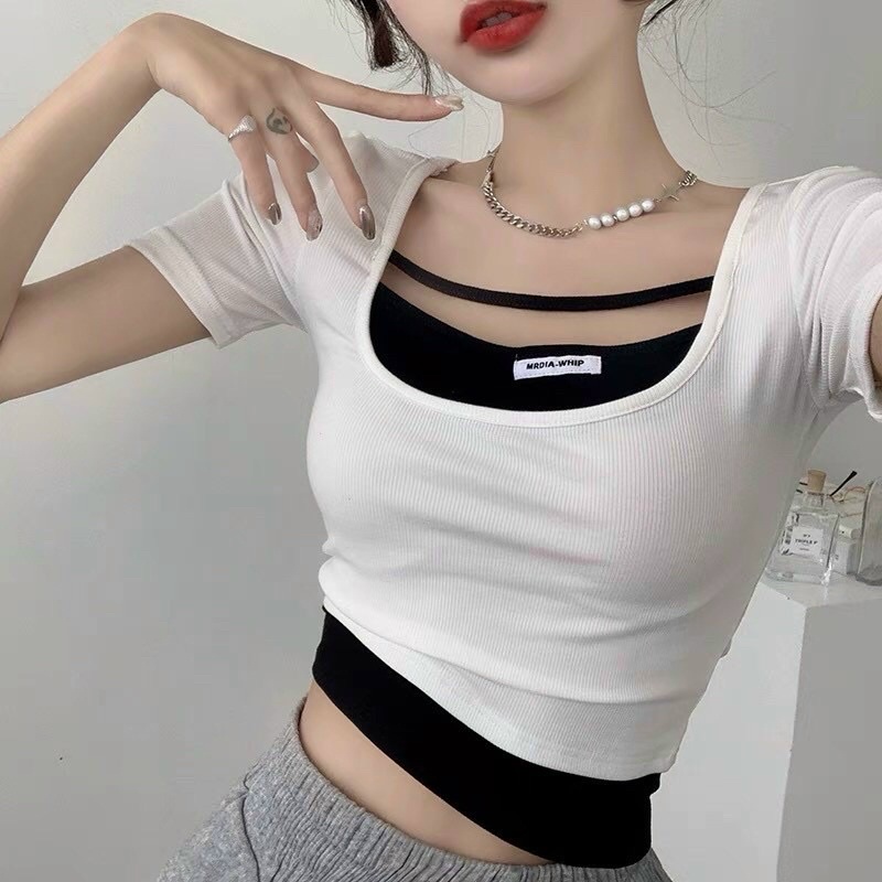 Áo Croptop Tay Ngắn Cổ U Phối Dây Ngang Cá Tính A5144