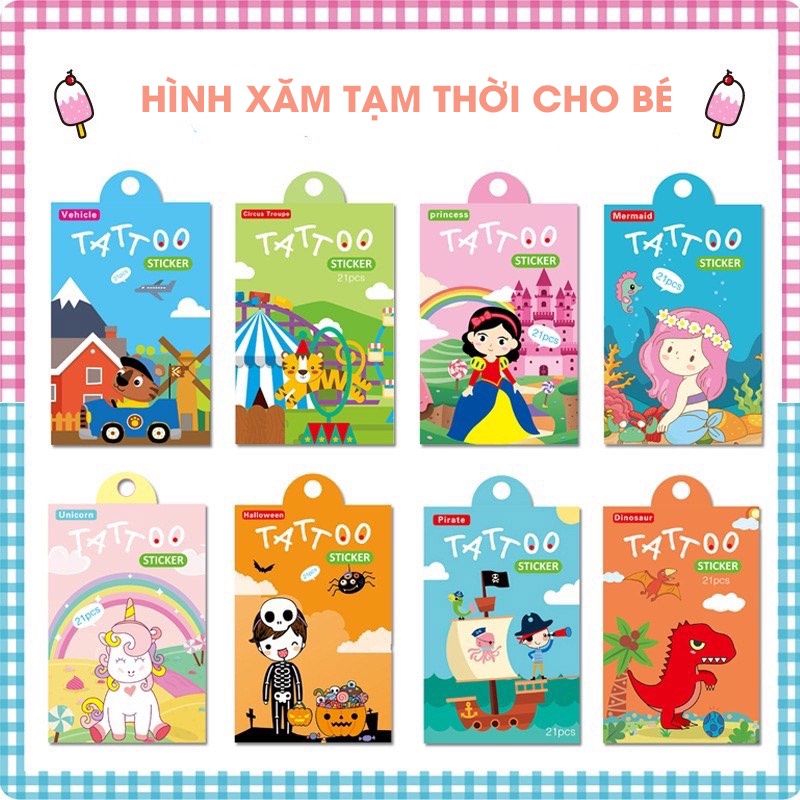 Sét 21 hình xăm tạm thời cho bé, 21 hình Tattoo hoạt tiết hoạt hình đang yêu dễ xăm dễ tẩy giửa an toàn cho bé.